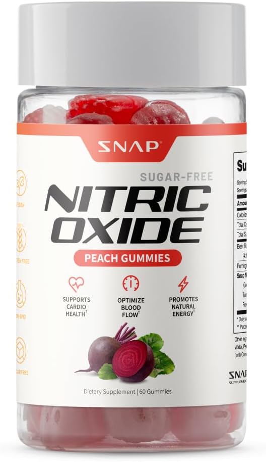 Snap Supplements Nitric Oxide Beet Root Gummies Supplement with Organic Beets - Energy & Circulation Support, 60 Sugar-Free Gummies (30 Servings, 1 Month Supply), Peach