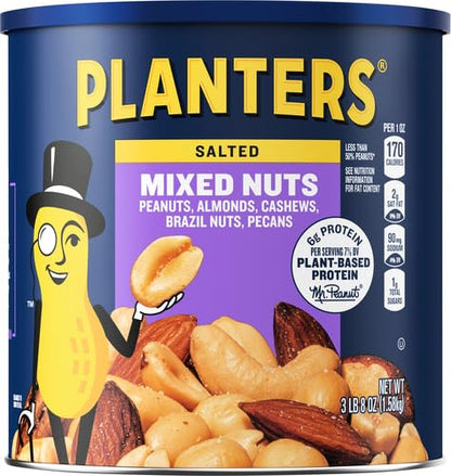 PLANTERS Salted MixedNuts, Peanuts, Almonds, Cashews,BrazilNuts and Pecans, PartySnack, Plant-Based Protein, Quick Snackfor Adults, After SchoolSnack, Bulk Nuts, Kosher,56oz Canister (Pack of 2)