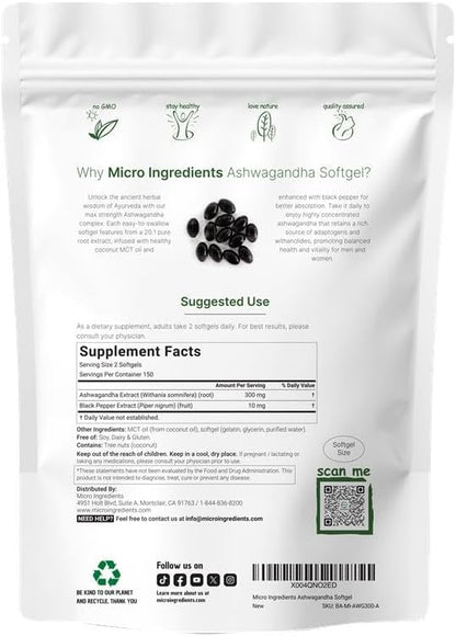 Micro Ingredients Ashwagandha Supplements | 300 Coconut MCT Oil Softgels with Black Pepper for Better Absorption | Potent Root Extract | Non-GMO