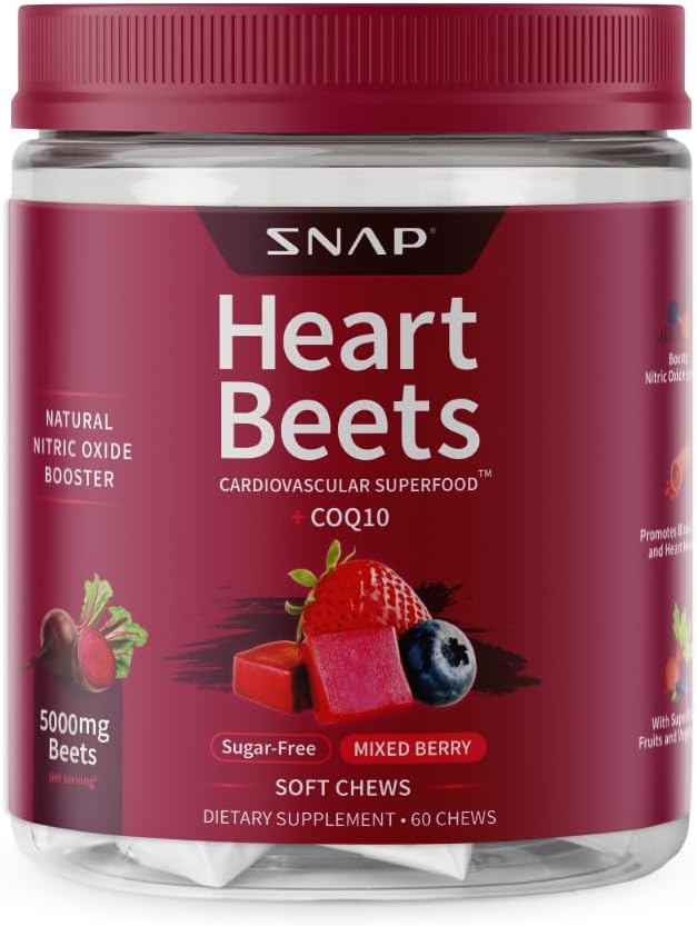 Snap Supplements Heart Beets Beet Root Soft Chews, Cardiovascular Support Supplement for Men & Women, CoQ10 & Acai, Energy & Circulation Support, Sugar Free, Mixed Berry, 60 Soft Chews