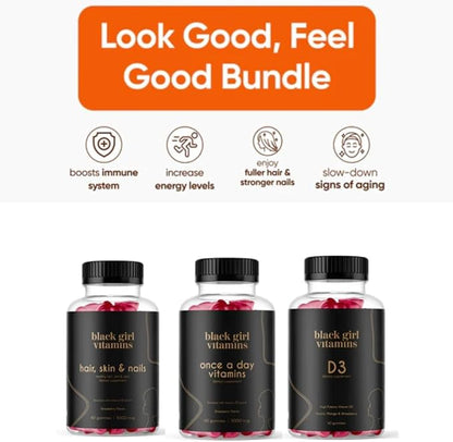 Black Girl Vitamins Look Good Feel Good Bundle – Hair Skin & Nails, Vitamin D3 2000IU & Once a Day Multivitamin - Women's Supplement Bundle – Energy, Immunity & Beauty Support