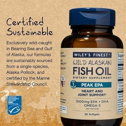 Wiley's Finest Wild Alaskan Fish Oil Peak EPA - Triple Strength Peak EPA & DHA Supplement - 1000mg Fish Oil - Omega-3s for Joint Health Support - 30 Softgels (30 Servings)