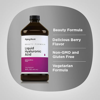 Piping Rock Liquid Hyaluronic Acid Supplement | 100mg | 16 fl oz | Natural Berry Flavor | Vegetarian Formula | Non-GMO, Gluten Free
