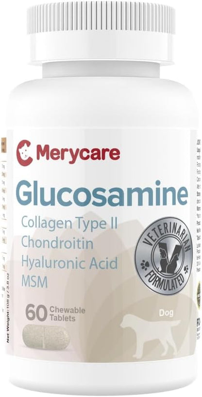 Glucosamine for Dogs – Hip & Joint Support Chewable Tablets with Collagen Type II, Chondroitin, MSM & Hyaluronic Acid – Veterinarian-Formulated – 60 Count