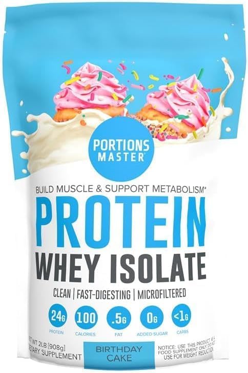 Portions Master CFM Whey Isolate Protein Powder, 2 LB, 23g Low Carb, Low Fat, Cold-Processed, Fast Absorbing, Muscle Growth & Recovery Support (Birthday Cake)
