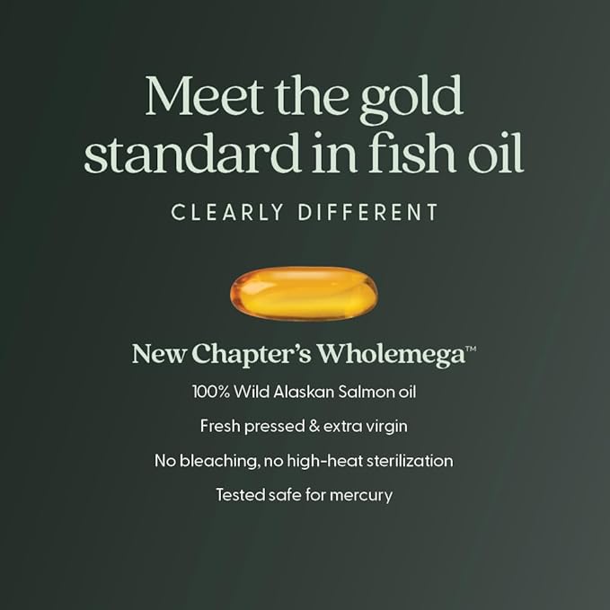 New Chapter Wholemega Fish Oil Supplement - 2000mg per Serving, Clinically Proven Wild Alaskan Salmon Oil with Omega-3 + Vitamin D3 + Astaxanthin, 60 Softgels