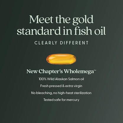 New Chapter Wholemega Fish Oil Supplement - 2000mg per Serving, Clinically Proven Wild Alaskan Salmon Oil with Omega-3 + Vitamin D3 + Astaxanthin, 60 Softgels