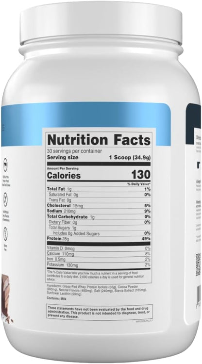 Transparent Labs Grass-Fed Whey Protein Isolate - Naturally Flavored, Gluten Free Whey Protein Powder with 28g of Protein per Serving & 9 Amino Acids - 30 Servings, Milk Chocolate