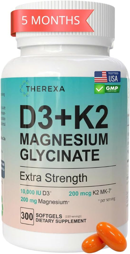 Vitamin D3 K2 Magnesium Supplement - Extra Strength with 10000 IU Vitamin D3, Magnesium Glycinate and 200 mcg K2 MK-7 Vitamin Supplements Complex, for Women & Men - 300 Softgels