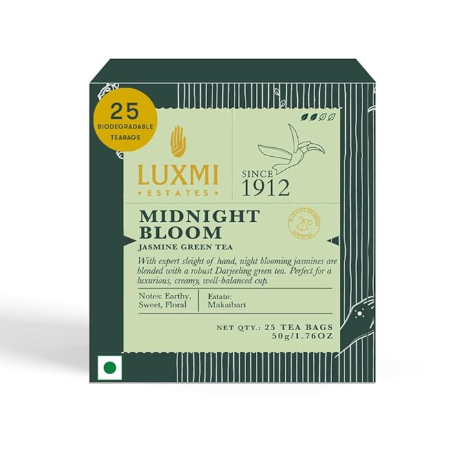 Luxmi Estates Midnight Bloom Jasmine Darjeeling Green Tea | 25 Biodegradable Tea Bags, 50g/1.76 oz
