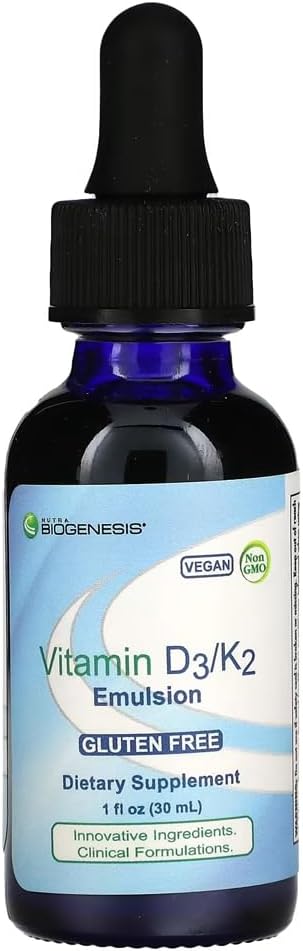 Nutra Biogenesis Vitamin D3/K2 Emulsion - Liquid Vitamin D Drops with MCT Oil, D3 K2 Supplement for Adults and Kids, Sublingual Oil Dropper for Women and Men - 1 Fl Oz Bottle (30 ml)