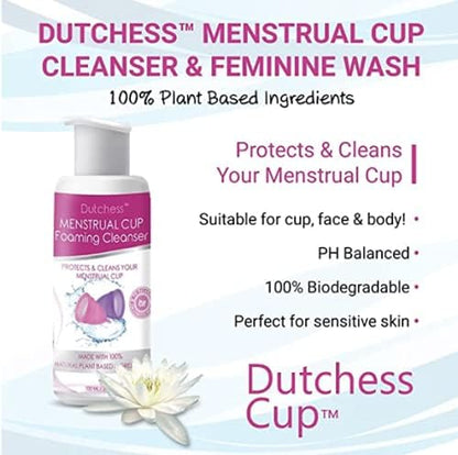 DUTCHESS Foaming Menstrual Cup Cleanser & Feminine Wash (3.4 oz), pH Balanced Plant Based Ingredients, Safe for Silicone Feminine Care Period Cups & Discs