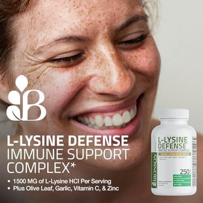 Bronson L-Lysine Defense Immune Support Complex 1500 MG L-Lysine Plus Olive Leaf, Garlic, Vitamin C and Zinc - Non-GMO, 180 Vegetarian Capsules