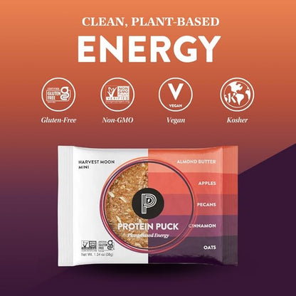 Protein Puck Vegan Plant based Protein Bar – Natural Healthy Snack Bars, 12 Count, 1.34oz Mini, Gluten Free, Dairy Free, No GMO, Kosher – Harvest Moon - Apple, Cinnamon, Pecan, Sport Nutrition