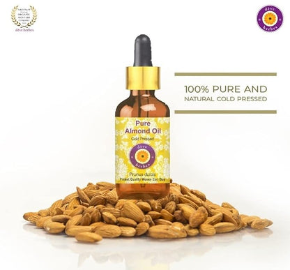 dève herbes Almond Oil (Prunus dulcis) with Glass Dropper | Cold Pressed | Pure | Natural | For Diluting Essential oils | For Skin & Massage | Non-Sticky | Lightweight | Unisex | 50ml (1.69 oz)