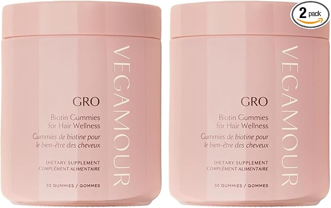 VEGAMOUR GRO Biotin Gummies, Strawberry Flavor with 5000 mcg Biotin, Supports Healthy Hair Vegan Gummies with Vitamins A, B, C, E, B-12 & More, 30 Ct (Pack of 2)