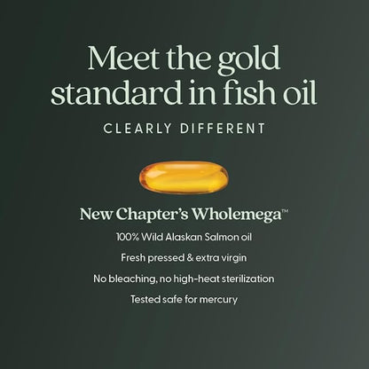 New Chapter Wholemega Fish Oil Supplement - 2000mg per Serving, Clinically Proven Wild Alaskan Salmon Oil with Omega-3 + Vitamin D3 + Astaxanthin, 120 Softgels