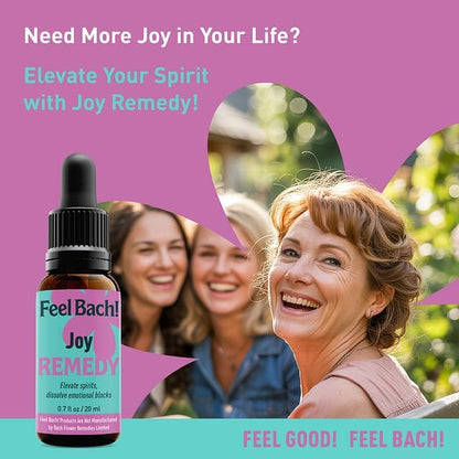 Feel Bach! Joy Remedy - Natural Homeopathic Flower Essences for Elevate Spirit and Dissolve Emotional Blocks - Free Your Emotions - Vegan, Gluten & Sugar-Free, Non-Habit Forming, 20ml (0.7 fl oz)