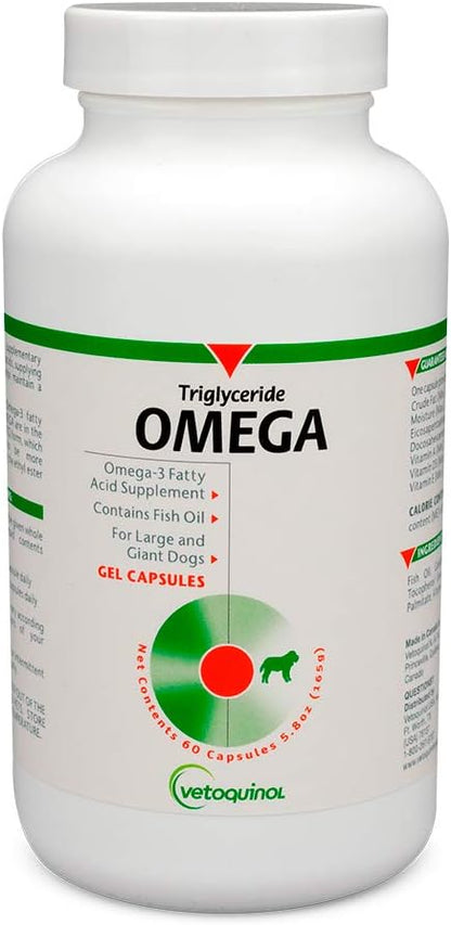 Vetoquinol Triglyceride Omega - Fish Oil for Dogs & Cats - Supports Healthy Skin, Coat & Normal Immune Response - Supplement with Vitamin Blend for Heart, Eye, Bone & Muscle Support - 60 Capsules