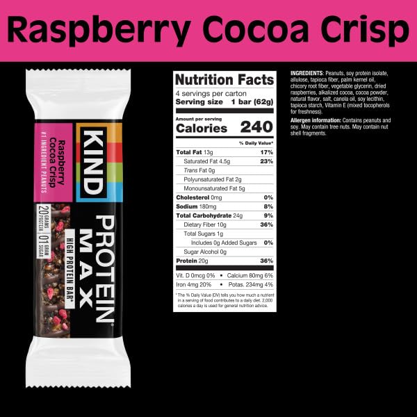 KIND Protein MAX, Raspberry Cocoa Crisp, 20g Protein, 1g Sugar, Low Sugar, High Protein Snack Bars, 4 Count