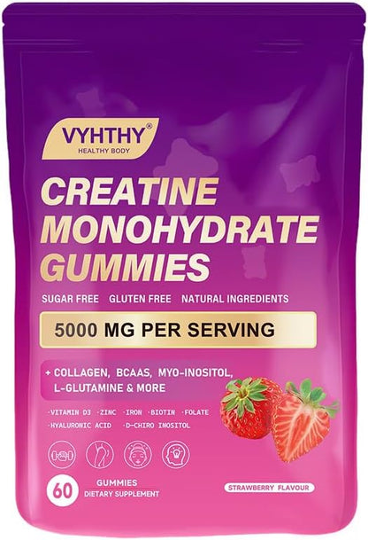 Creatine Monohydrate Gummies – with Collagen, BCAAs, L-Glutamine, Biotin, Zinc, Vitamin D3 & Hyaluronic Acid – Daily Pre & Post Workout Recovery, Sugar-Free (60 Gummies)