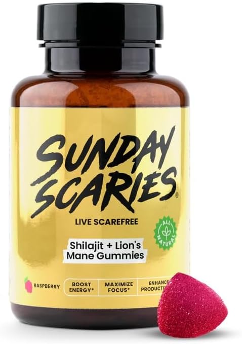 Sunday Scaries® 2-in-1 Shilajit Gummies | 300mg Shilajit + 500mg Lion's Mane Extracts | Highly Rated for Energy & Flow-State Focus | All-Natural, Vegan, Allergen-Free | Natural Raspberry Flavor
