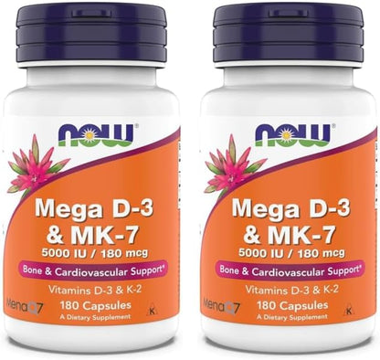 Now Supplements, Mega D-3 & MK-7, 5000 IU / 180 mcg, Bone & Cardiovascular Support*, Vitamins K-3 & K-2, 180 Capsules (Pack of 2)