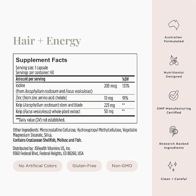 JSHealth Hair Growth Vitamins for Women. Hair + Energy with Kelp Iodine and Zinc. Supports Thickness, Strength, Energy. Nutritionist-Formulated (60 Capsules)