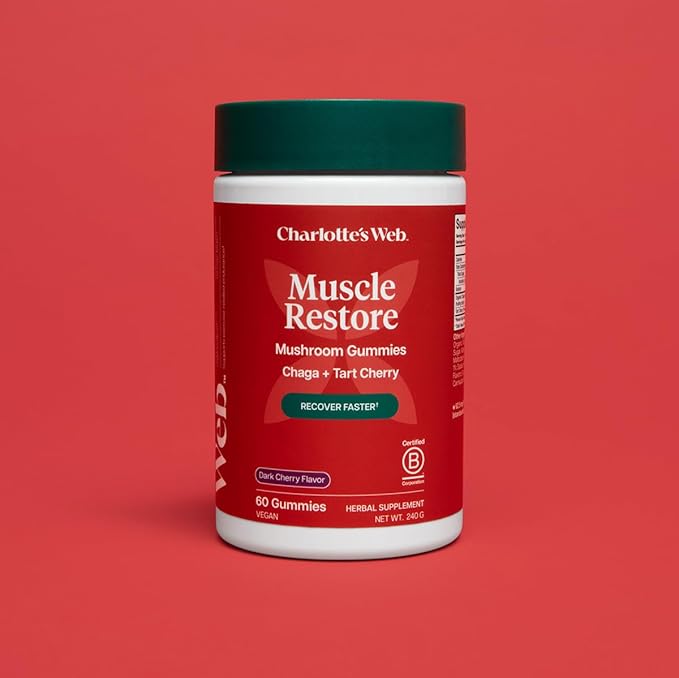 Charlotte's Web Muscle Restore Mushroom Gummies for Adults — Chaga & Tart Cherry Supplement for Muscle Recovery and Fatigue — Vegan, Kosher, Non-GMO (Dark Cherry Flavor, 30 Servings)