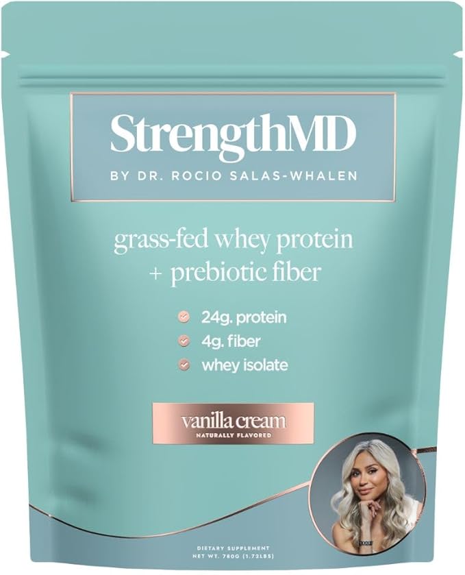 StrengthMD Physician Formulated Protein + Fiber Shake for GLP-1 Support | 24g Protein Grass-Fed Whey, 4g Fiber & Digestive Enzymes, Low Carb, No Added Sugar, Vanilla, 1.72 lb
