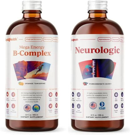LIQUIDHEALTH Mega Energy B-Complex & Neurologic Nootropic Liquid Supplement Bundle for Adults - Increase Natural Energy Levels, Improve Memory, Alertness & Focus, Boost Mood - Vegan, Non-GMO, USA Made