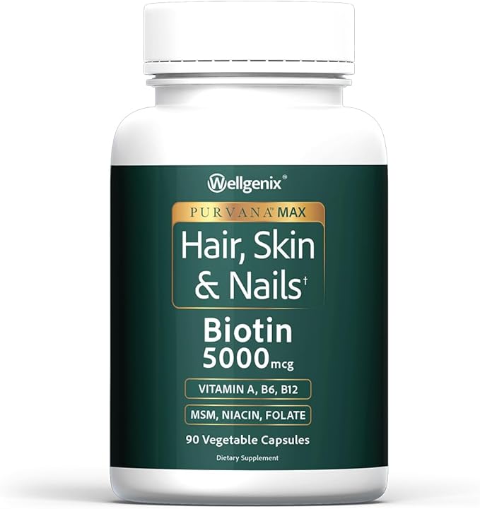 Wellgenix Purvana MAX Hair Skin and Nails Supplement – 5000mcg Biotin with MSM & B-Complex – Supports Thicker Hair, Stronger Nails & Glowing Skin – 90 Veggie Capsules