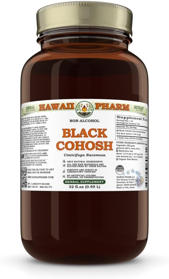 Black Cohosh (Cimicifuga Racemosa) Dry Root Glycerite, Made in Hawaii, Raw Materials, All Natural, Vegan, Lab Tested Alcohol-Free Liquid Extract - 32 fl.oz