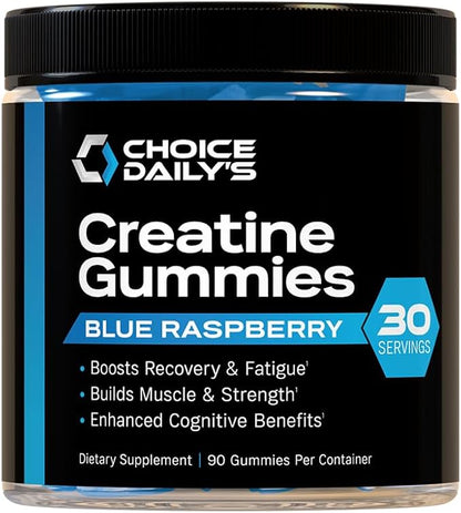 Creatine Gummies - 90 Vegan Friendly Chews - USA Made - Boosts Recovery - Builds Muscle - Enhanced Cognitive Benefits (Large, Blue Raspberry)