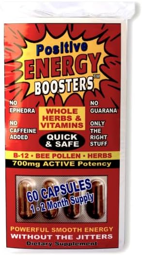 VitaBoost Positive Power Energy Boosters – Natural Energy Supplement with Herbs, B-12, Bee Pollen, Jitter-Free Smooth Energy, Quick & Safe, No Caffeine, Ephedra, or Guarana (60)