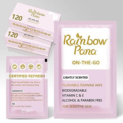 RainbowPana Feminine Wipes, 240 Count ON-THE-GO Individually Wrapped | Flushable Wipes, Travel Wipes for Women, Pre/Post-Intimacy Cleansing | Aloe, Portulaca, Vitamin E | pH Balanced, Biodegradable