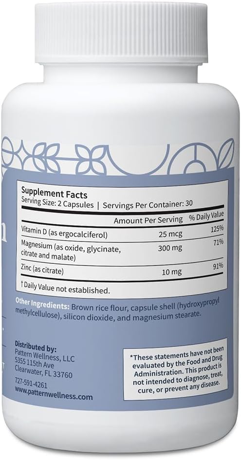 Pattern Wellness Magnesium Complex – Supports Muscle, Bone & Relaxation Health – with Zinc & Vitamin D – Daily Support Formula – 120 Vegan Capsules