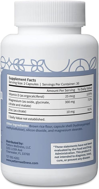 Pattern Wellness Magnesium Complex – Supports Muscle, Bone & Relaxation Health – with Zinc & Vitamin D – Daily Support Formula – 60 Vegan Capsules
