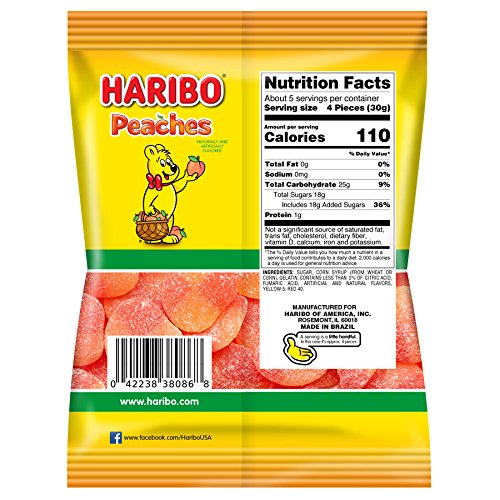 HARIBO Gummi Candy, Peaches Gummy Candy, 5 Ounce Share Size Bags (Pack of 12) Delicious Soft & Chewy Sweet Snacks, Fruity Peach Flavor