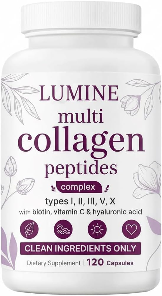 LUMINE Multi Collagen Complex Capsules – Hydrolyzed Protein Peptides Types I, II, III, V & X for Hair, Skin, Nails & Joint Support – Non-GMO, Gluten-Free & Easy to Swallow (120 Capsules)