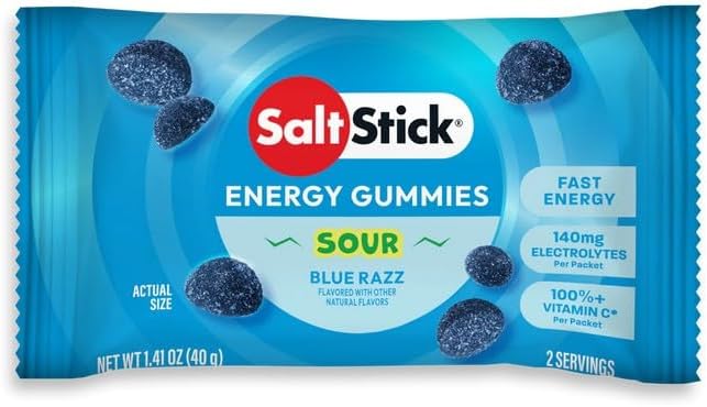 SaltStick Energy Gummies with Electrolytes, Sour Blue Razz, Easy to Chew Electrolyte Gummy, Energy Chews that Taste Great. 10 Packs, 80 Gummies
