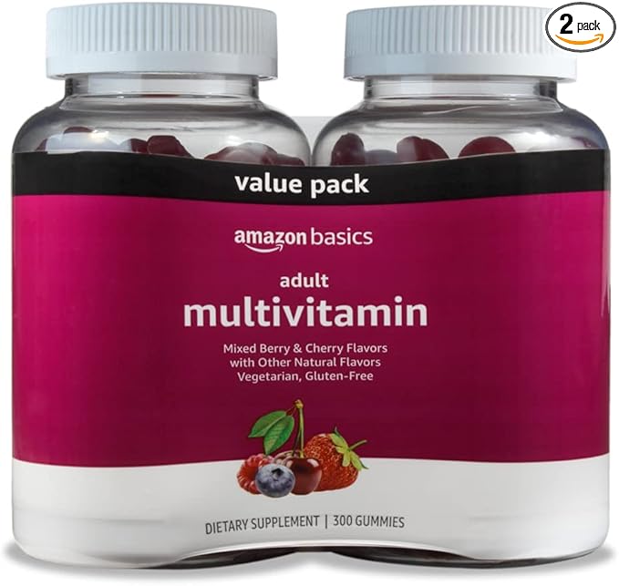 Amazon Basics Adult Multivitamin Gummies, Mixed Berry & Cherry Flavors, 150 Count, 75-Day Supply, Pack of 2 (Previously Solimo)