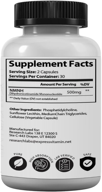 Research Labs 2 Pack Liposomal NMNH (NMN Supplement Alternative) 500mg Per Serving | 120 Capsules (Dihydronicotinamide Mononucleotide) NAD Supplement to Boost NAD+ Levels for Anti Aging
