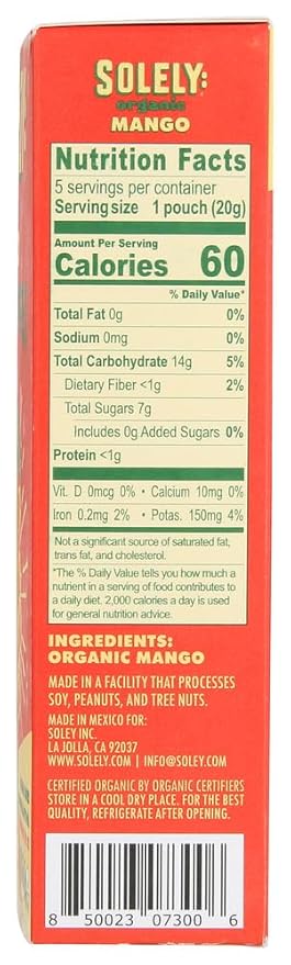 SOLELY - Organic Mango Whole Fruit Gummies (5_Bags per Box) - Real Fresh Fruit - Healthy Snacks for Adults & Kids - Non GMO, Vegan Snacks, Shelf Stable - 5 Bags (3.5 oz) (Pack of 2)