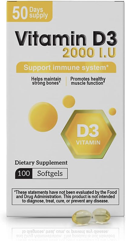 Vitamin D3 2000 IU Softgels – 100 Softgels – Vitamin D3 Supplement for Daily Use