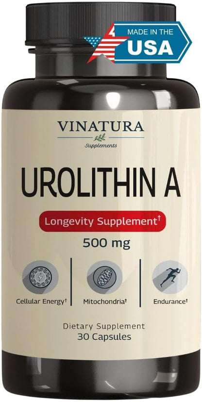 VINATURA Urolithin A Supplement 500mg - Urolithin A+ for Powerful Antioxidants, Anti Aging and Mitochondrial Support, 30 Capsules