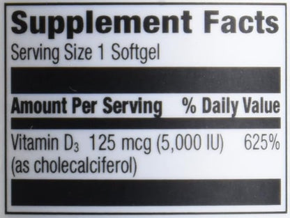 Amazon Elements Vitamin D3, 5000 IU, 180 Softgels, 6 Month Supply (Packaging May Vary), Supports Strong Bones and Immune Health (Pack of 2)