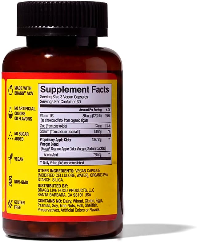 Bragg Organic Apple Cider Vinegar Capsules with Vitamin D and Zinc - 90 Count - Supports Immune System
