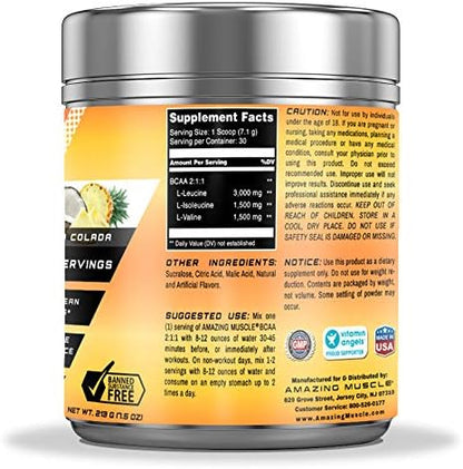 Amazing Muscle 2:1:1 Branched Chain Amino Acids Supplement | 6000 Mg Per Serving Supplement | Pina Colada Flavor | 30 Servings