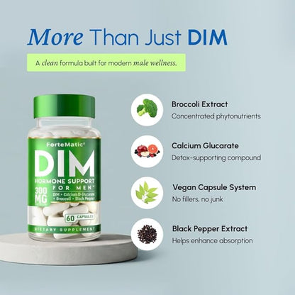 DIM Supplement for Men 300mg | Hormone Support & Balance Formula | Extra Strength Men's Fitness & Vitality Booster with Diindolylmethane, CDG & Sulforaphane | Gluten-Free | 60 Capsules